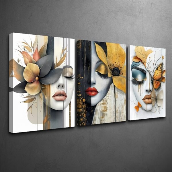 لوحات حائط وجه امرأة مودرن – طقم 3 قطع ديكور عصري فاخر