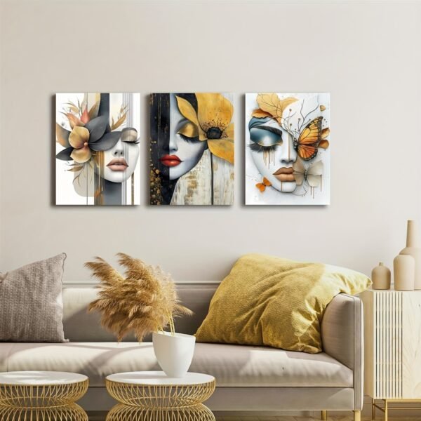 لوحات حائط وجه امرأة مودرن – طقم 3 قطع ديكور عصري فاخر