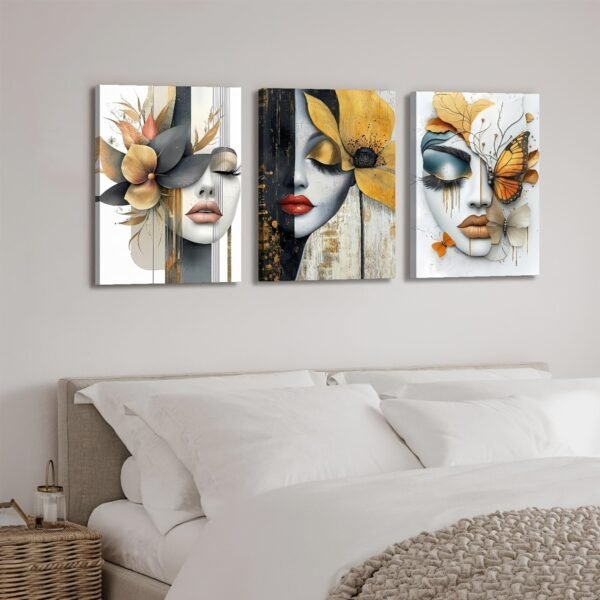 لوحات حائط وجه امرأة مودرن – طقم 3 قطع ديكور عصري فاخر