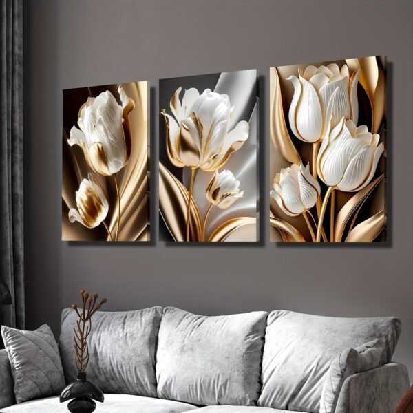 لوحات حائط عصرية بتصميم زهور ذهبية ثلاثية