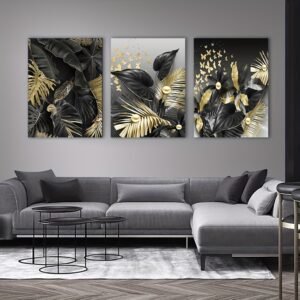 لوحات حائط مودرن أسود وذهبي طقم 3 قطع بتصميم أوراق نباتية