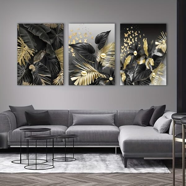 لوحات-حائط-مودرن-اسود-ذهبي-اوراق-نباتية لوحات حائط مودرن أسود وذهبي طقم 3 قطع بتصميم أوراق نباتية