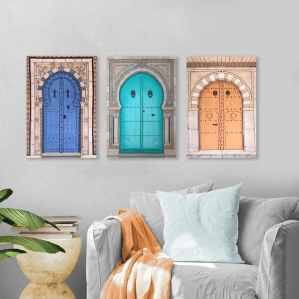 لوحات حائط أبواب مغربية تقليدية طقم 3 لوحات كانفا بتصميم تراثي أنيق