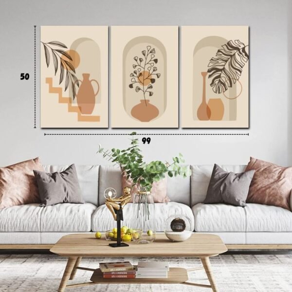 لوحات حائط بألوان بيج ترابية – طقم 3 لوحات كانفا تجريدية مودرن