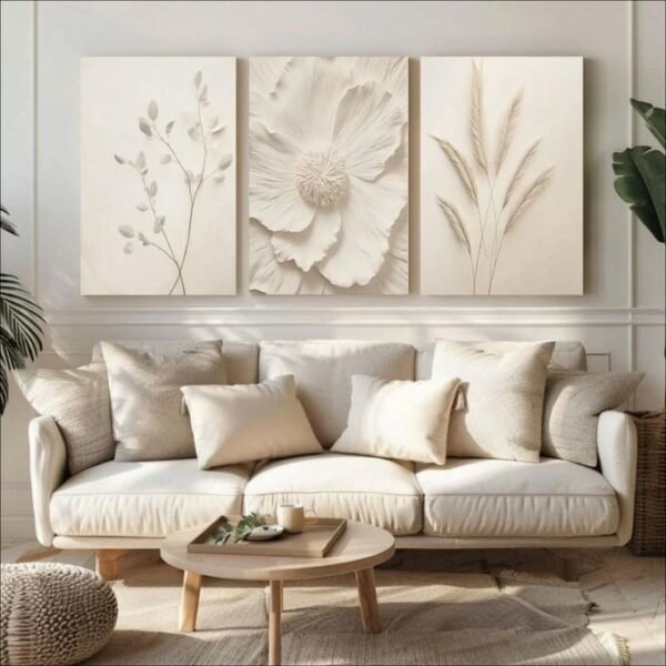 لوحات حائط بيج مودرن طقم 3 لوحات فنية هادئة لتزيين الصالون