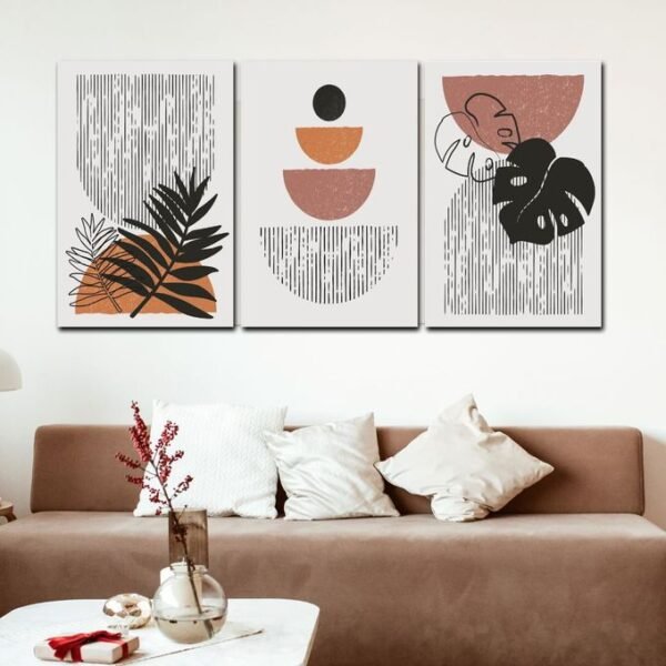 لوحات حائط تجريدية بألوان ترابية طقم 3 لوحات كانفا بتصميم مودرن