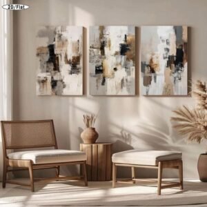 لوحات حائط تجريدية مودرن بألوان بيج طقم 3 لوحات كانفا للصالون