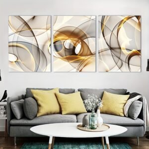 لوحات حائط تجريدية مودرن طقم 3 قطع بألوان بيج وذهبي