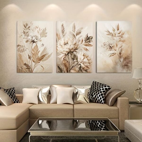 لوحات حائط زهور بيج مودرن – طقم 3 لوحات كانفا بلمسة راقية