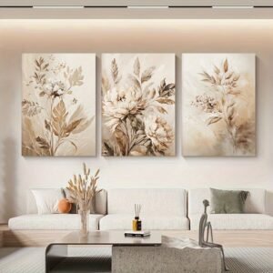 لوحات حائط زهور بيج مودرن طقم 3 لوحات كانفا بتصميم أنيق للصالون