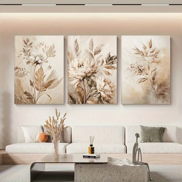 لوحات حائط زهور بيج مودرن طقم 3 لوحات كانفا بتصميم أنيق للصالون