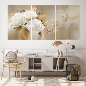لوحات-حائط-زهور-بيضاء-ذهبية-طقم-3-لوحات-كانفا-مودرن لوحات حائط زهور بيضاء ذهبية طقم 3 لوحات كانفا بتصميم مودرن فاخر