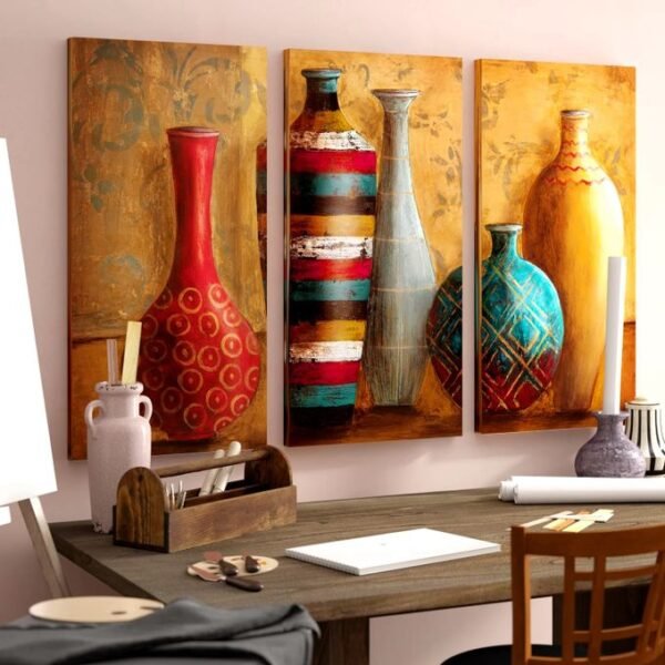 لوحات حائط فنية مزخرفة طقم 3 لوحات كانفا بتصميم فني وألوان دافئة