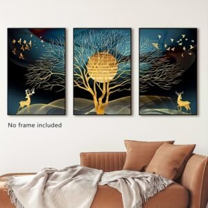 لوحات-حائط-للصالون-فاخرة-ذهبي لوحات حائط للصالون فاخرة طقم 3 قطع بتصميم ذهبي أنيق