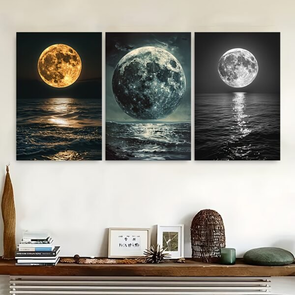 لوحات حائط للصالون مودرن طقم 3 قطع بتصميم القمر الليلي