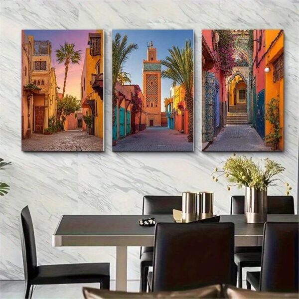 لوحات حائط مدينة مراكش طقم 3 لوحات كانفا بتصميم مغربي عصري