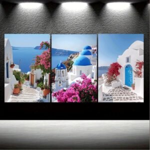 لوحات حائط مناظر سانتوريني طقم 3 لوحات كانفا بتصميم أوروبي أنيق