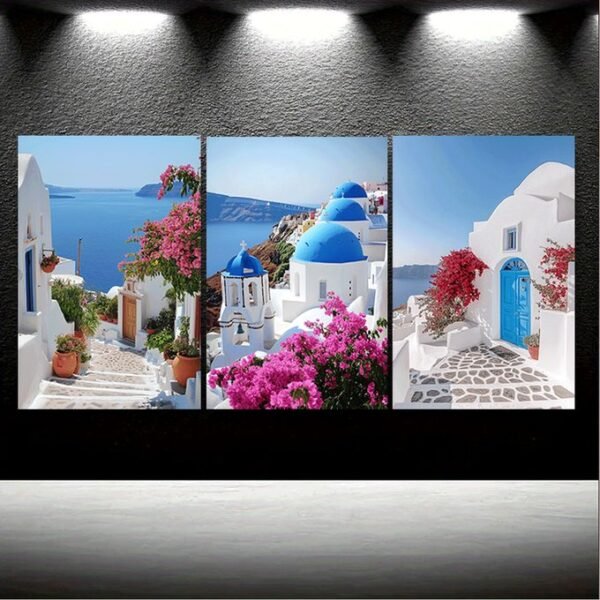 لوحات حائط مناظر سانتوريني طقم 3 لوحات كانفا بتصميم أوروبي أنيق