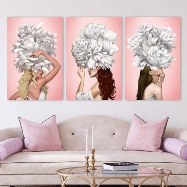 لوحات حائط نسائية بالزهور طقم 3 لوحات كانفا بتصميم أنثوي عصري