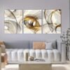 لوحات حائط تجريدية مودرن للصالون – طقم 3 قطع بيج وذهبي