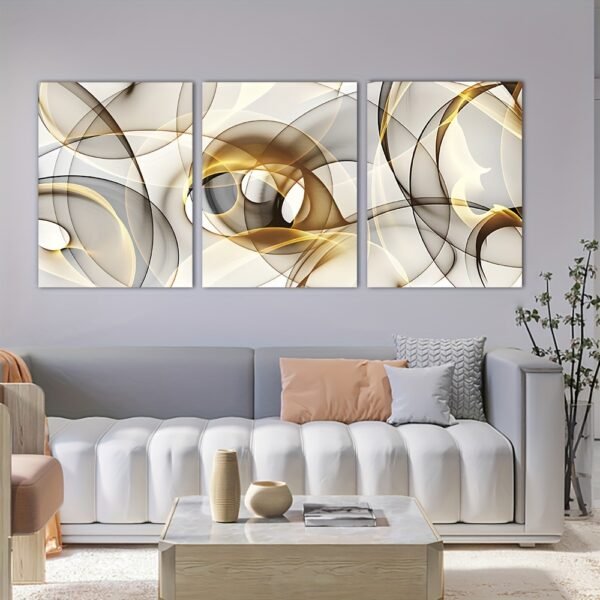 لوحات حائط تجريدية مودرن للصالون – طقم 3 قطع بيج وذهبي