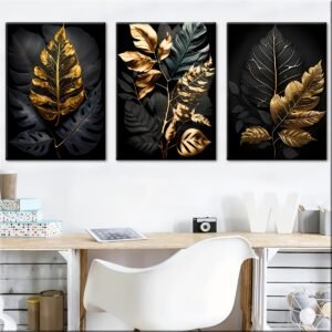 لوحات حائط أوراق ذهبية فاخرة طقم 3 لوحات كانفا بتصميم نباتي عصري بخلفية سوداء