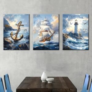 لوحات-حائط-بحرية-مودرن-للصالون-طقم-3-لوحات-كانفا لوحات حائط بحرية مودرن للصالون طقم 3 لوحات كانفا بتصميم سفينة ومرسى ومنارة
