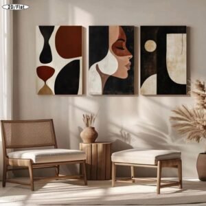 لوحات حائط تجريدية بورتريه مودرن طقم 3 لوحات كانفا بألوان ترابية أنيقة