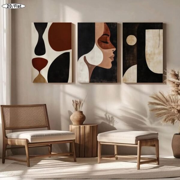 لوحات حائط تجريدية بورتريه مودرن طقم 3 لوحات كانفا بألوان ترابية أنيقة