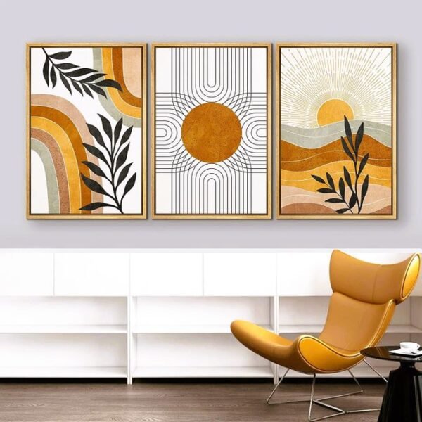 لوحات حائط تجريدية شمس ذهبية طقم 3 لوحات كانفا بتصميم مودرن دافئ