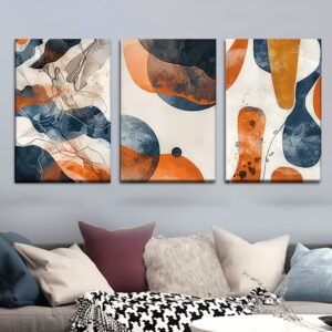 لوحات حائط تجريدية مودرن للصالون طقم 3 لوحات كانفا بألوان برتقالي وأزرق أنيقة