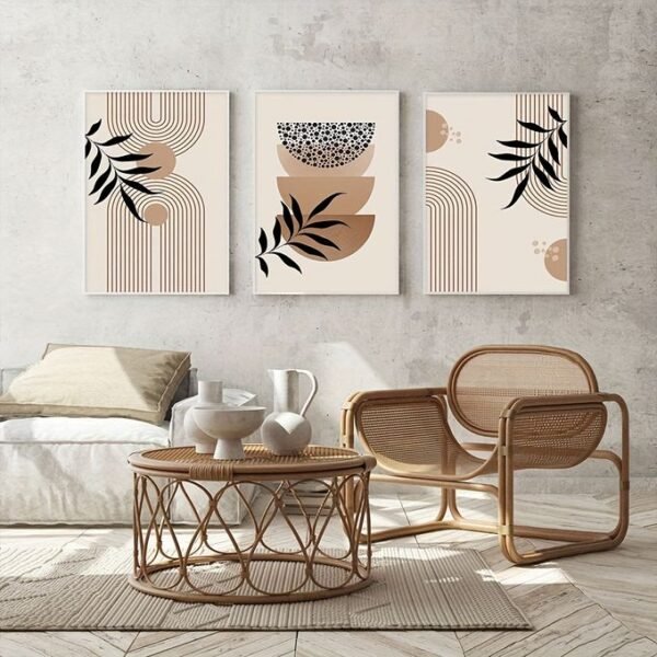 لوحات حائط تجريدية نباتية بيج طقم 3 لوحات كانفا بتصميم مودرن أنيق