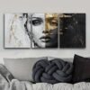 لوحات حائط تجريدية وجه امرأة ذهبي وأسود طقم 3 لوحات كانفا فاخرة