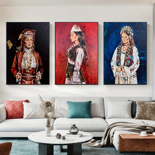 لوحات حائط تراثية مغربية للصالون طقم 3 لوحات كانفا بزي تقليدي مغربي