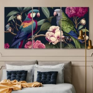 لوحات حائط طيور ملونة فاخرة طقم 3 لوحات كانفا بتصميم استوائي أنيق للصالون