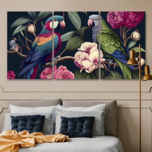 لوحات-حائط-طيور-ملونة-فاخرة-طقم-3-لوحات-كانفا لوحات حائط طيور ملونة فاخرة طقم 3 لوحات كانفا بتصميم استوائي أنيق للصالون