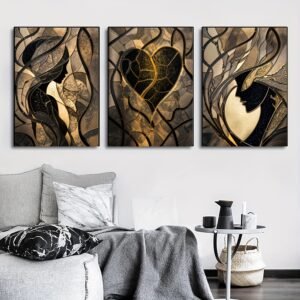 لوحات حائط فنية رومانسية فاخرة طقم 3 لوحات كانفا بتصميم عصري باللونين الأسود والذهبي