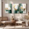 لوحات حائط مودرن أخضر وذهبي للصالون طقم 3 لوحات كانفا بتصميم عصري أنيق