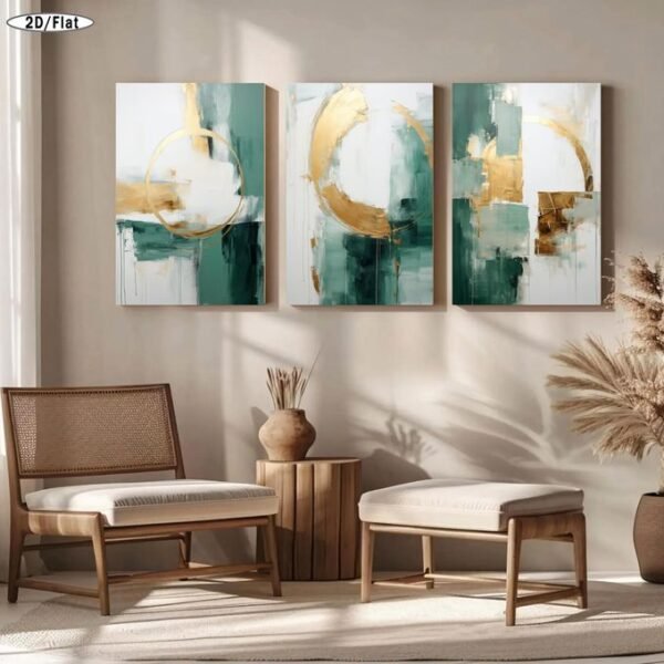 لوحات حائط مودرن أخضر وذهبي للصالون طقم 3 لوحات كانفا بتصميم عصري أنيق