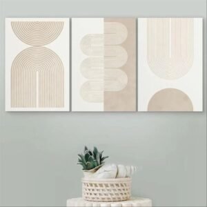 لوحات حائط مودرن بيج للصالون طقم 3 لوحات كانفا بتصميم مينيمل عصري