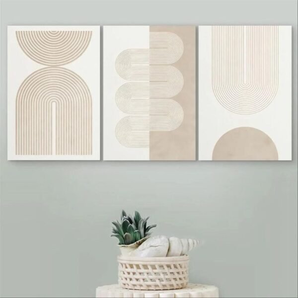 لوحات حائط مودرن بيج للصالون طقم 3 لوحات كانفا بتصميم مينيمل عصري