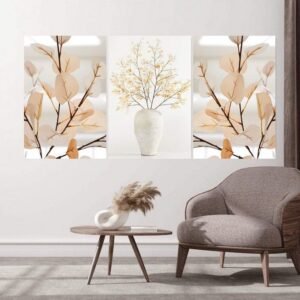 لوحات حائط نباتية بأوراق ذهبية طقم 3 لوحات كانفا بتصميم مودرن أنيق
