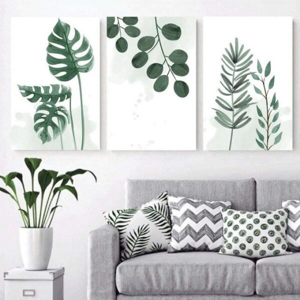لوحات حائط نباتية خضراء طقم 3 لوحات كانفا بتصميم أوراق طبيعية مودرن