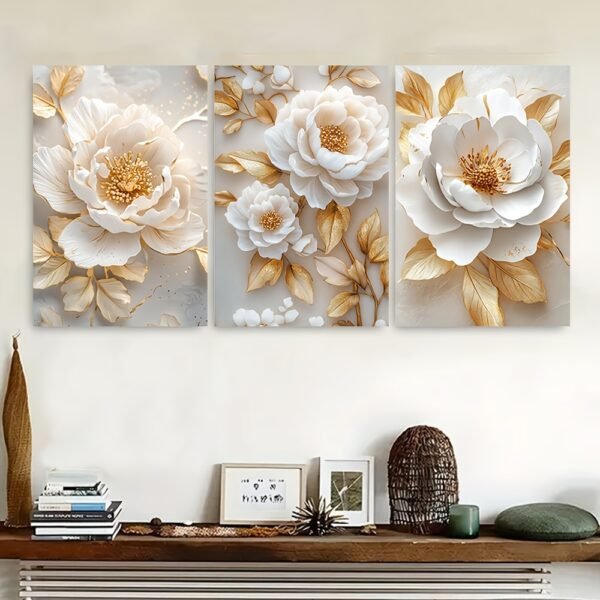 لوحات حائط ورود بيضاء ذهبية للصالون طقم 3 لوحات كانفا بتصميم فاخر