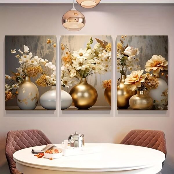 لوحات-حائط-ورود-ذهبية-فاخرة-طقم-3-لوحات-كانفا لوحات حائط ورود ذهبية فاخرة طقم 3 لوحات كانفا بتصميم مزهريات أنيقة للصالون