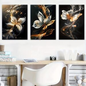 لوحات حائط ورود سوداء ذهبية فاخرة طقم 3 لوحات كانفا بتصميم زهري عصري بخلفية داكنة