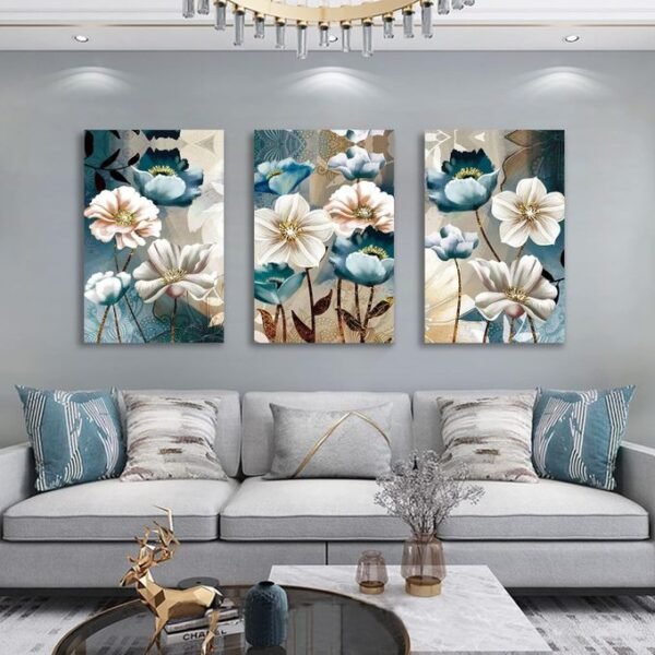 لوحات حائط ورود للصالون مودرن طقم 3 لوحات كانفا بتصميم زهور أنيقة بألوان هادئة