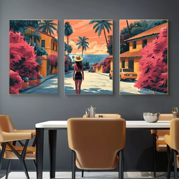لوحات جدارية شاطئ بتصميم صيفي عصري طقم 3 لوحات كانفا لديكور المنزل