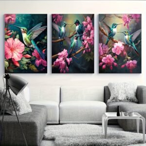 لوحات جدارية طيور وزهور بتصميم فني أنيق طقم 3 لوحات كانفا لديكور المنزل