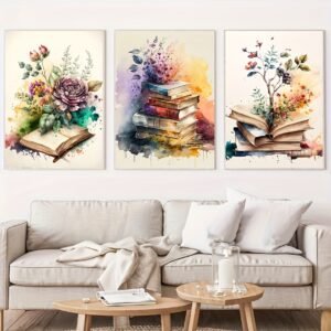 لوحات جدارية كتب وزهور بتصميم فني هادئ طقم 3 لوحات كانفا لديكور المنزل